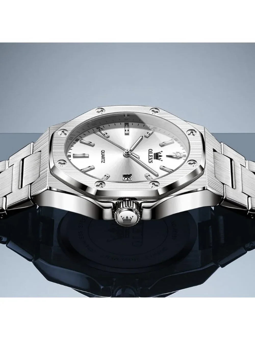 Men's Silver Fashion Luxury Octagon Stainless Steel Waterproof Dress Wrist Watch
